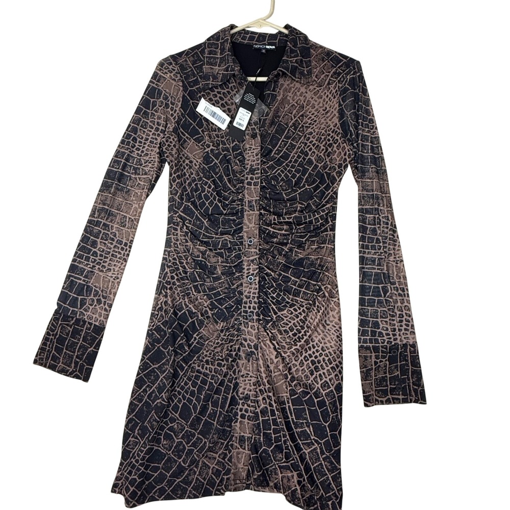 Fashion Nova Snake Bitten Mesh Mini Dress Brown Animal Print Ruched XL NEW